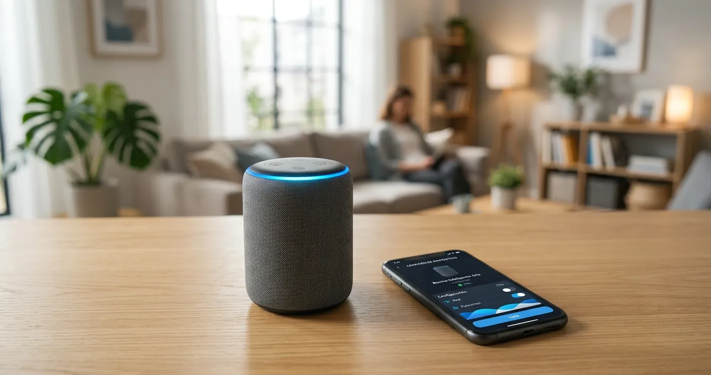 Cómo configurar Alexa - Bocina inteligente Echo con anillo azul y smartphone con la app de configuración