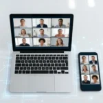 Videollamada grupal en WhatsApp - Smartphone y laptop mostrando una llamada con varios participantes