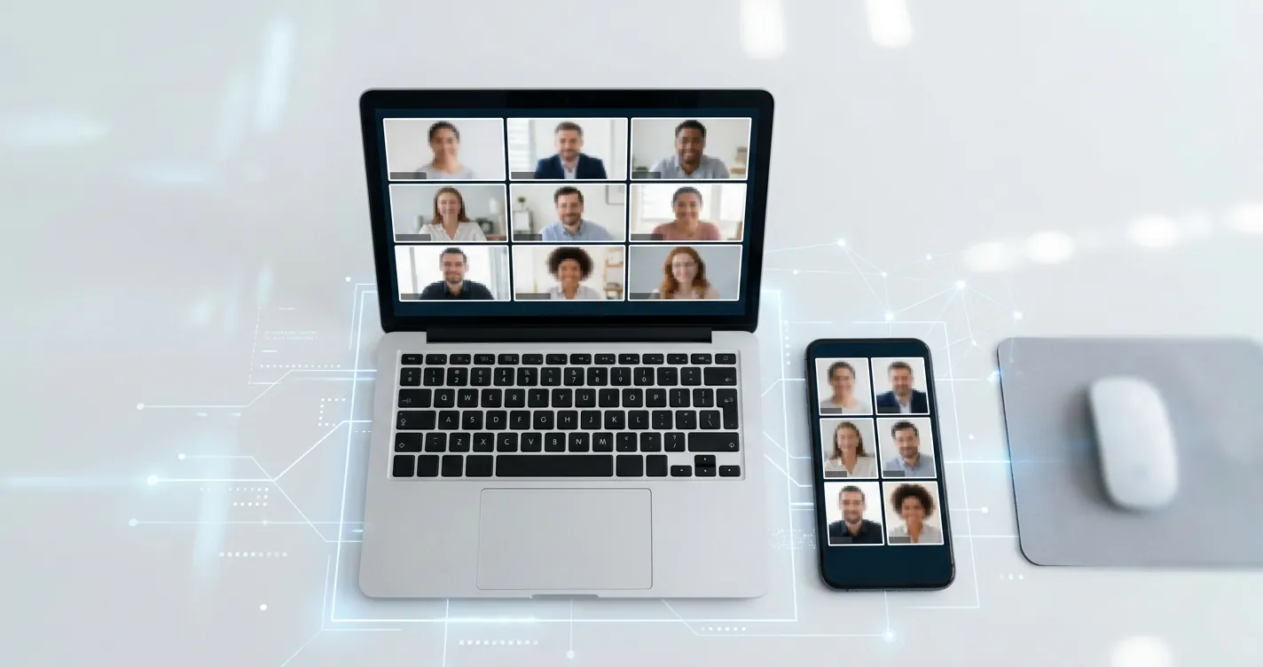 Videollamada grupal en WhatsApp - Smartphone y laptop mostrando una llamada con varios participantes