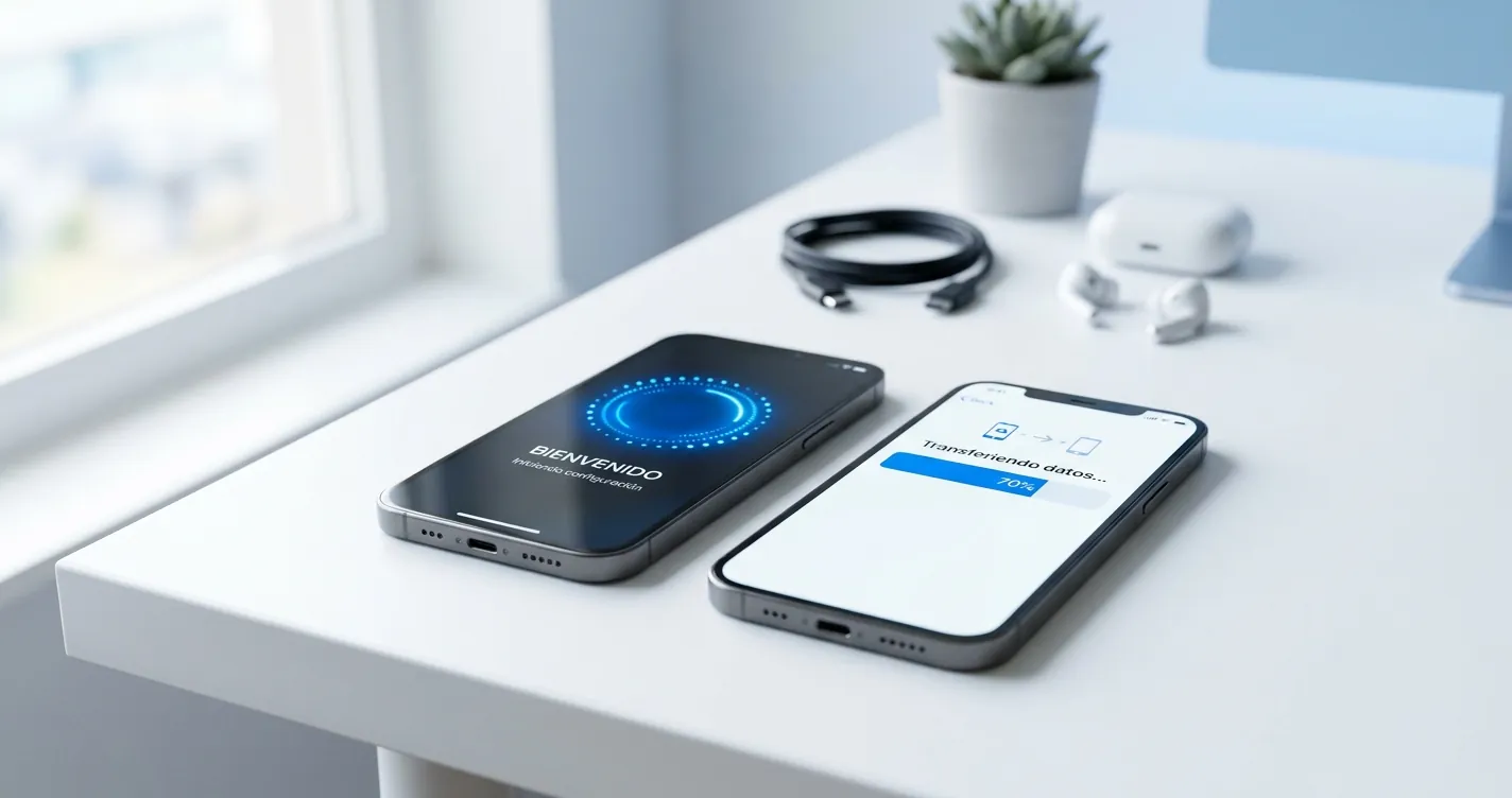 Cómo configurar un iPhone nuevo - Dos smartphones transfiriendo datos durante la configuración inicial