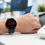 Cómo medir la presión con Apple Watch - Smartwatch en la muñeca junto a un tensiómetro digital
