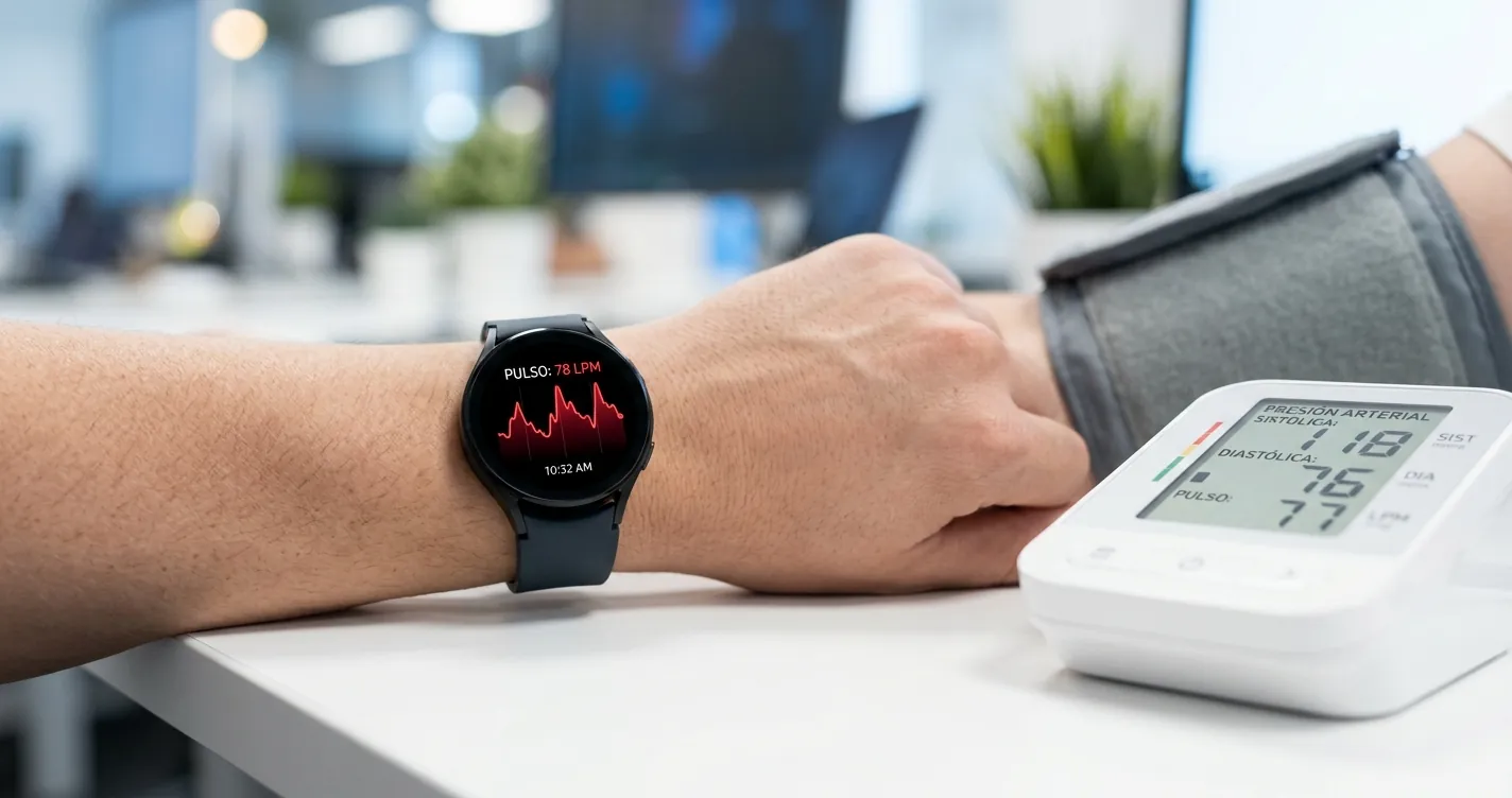 Cómo medir la presión con Apple Watch - Smartwatch en la muñeca junto a un tensiómetro digital