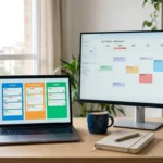 Mejores apps de productividad para trabajo remoto 2026: escritorio de home office con laptop y monitor mostrando tareas organizadas