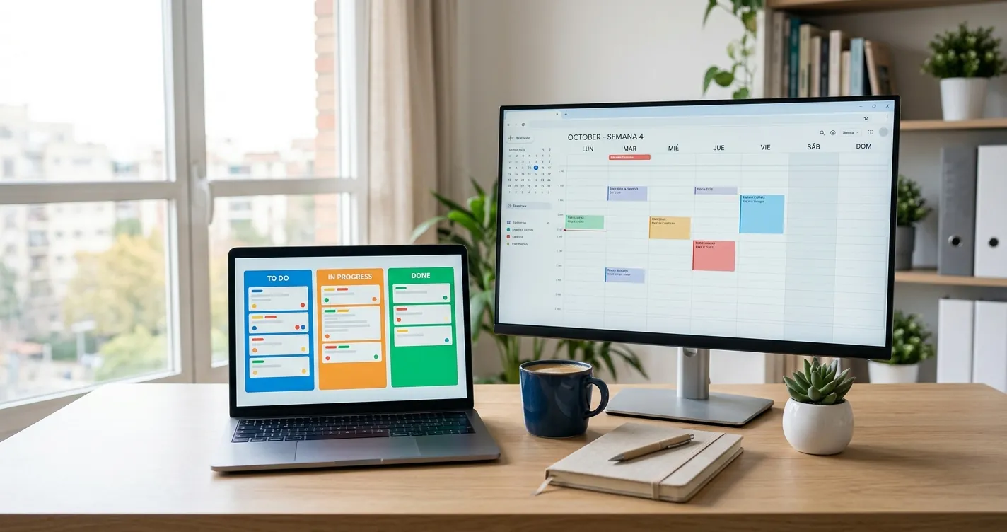Mejores apps de productividad para trabajo remoto 2026: escritorio de home office con laptop y monitor mostrando tareas organizadas