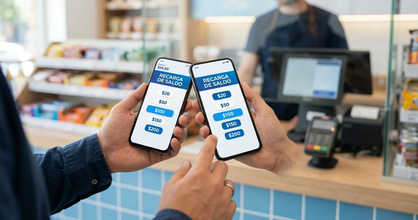 Comprar tiempo aire Telcel - Smartphone con pantalla de recarga de saldo en una tienda