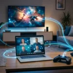 Sala con televisor 4K, laptop, consola y router Wi-Fi que ilustra qué velocidad de internet necesito en casa en 2026