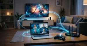 Sala con televisor 4K, laptop, consola y router Wi-Fi que ilustra qué velocidad de internet necesito en casa en 2026