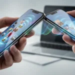 Cómo usar AirDrop iPhone: dos teléfonos compartiendo fotos y archivos por transferencia inalámbrica sin cables