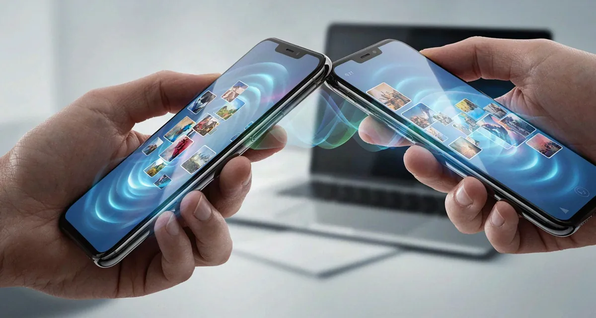 Cómo usar AirDrop iPhone: dos teléfonos compartiendo fotos y archivos por transferencia inalámbrica sin cables