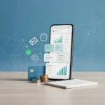 Apps para ganar dinero desde el celular en 2026: smartphone con encuestas, tareas y recompensas acumuladas sobre una mesa de trabajo