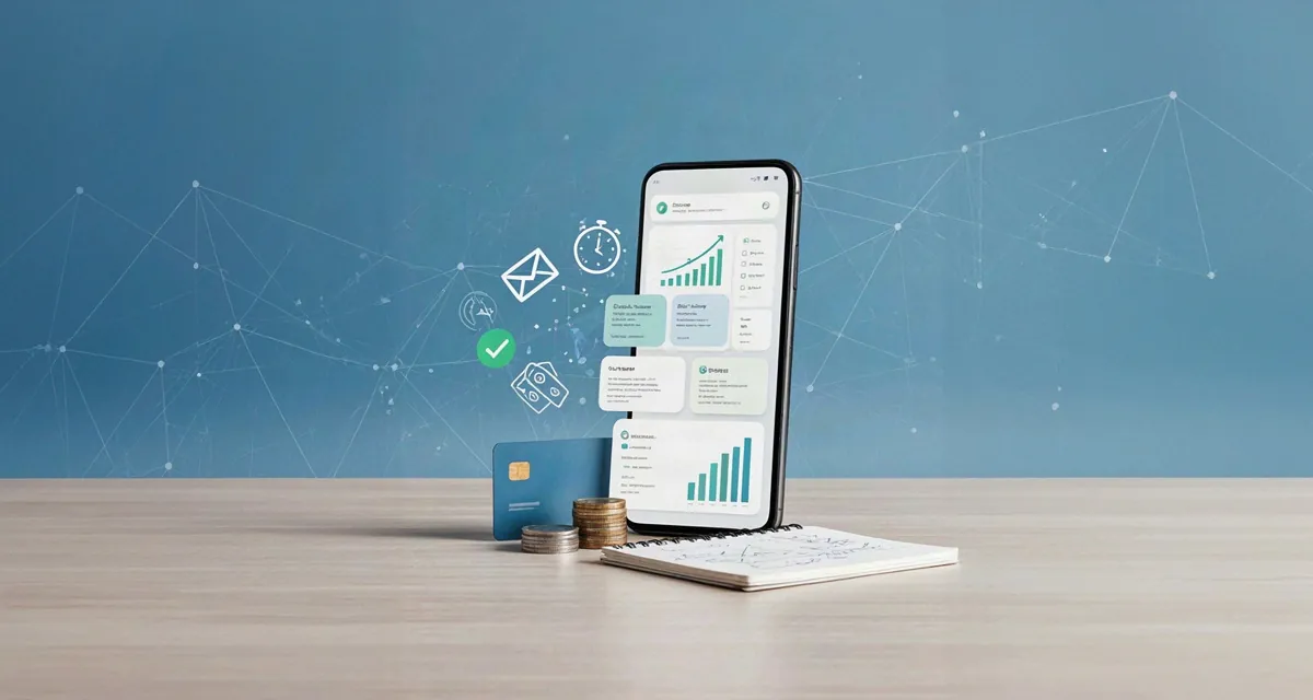 Apps para ganar dinero desde el celular en 2026: smartphone con encuestas, tareas y recompensas acumuladas sobre una mesa de trabajo
