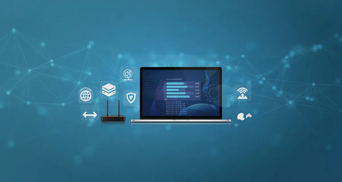 Los mejores servidores DNS gratuitos en 2026: laptop y router WiFi con panel de latencias y direcciones IP para configurar el DNS