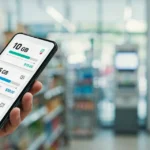 Comprar paquetes de internet Telcel: smartphone con catálogo de paquetes de datos y tienda de recargas al fondo