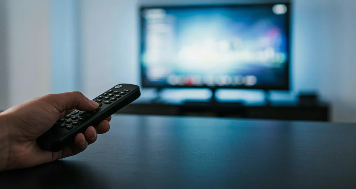 Programar control remoto de directv: control negro apuntando al televisor para cargar los códigos de la marca